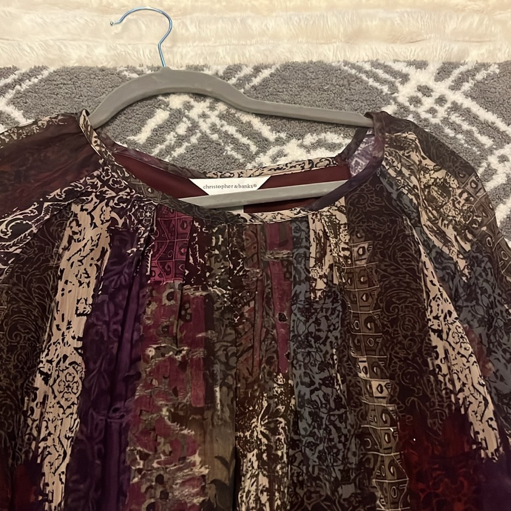 Women’s Sheer Patterned Blouse - Burgundy/Black - Picture 3 of 7